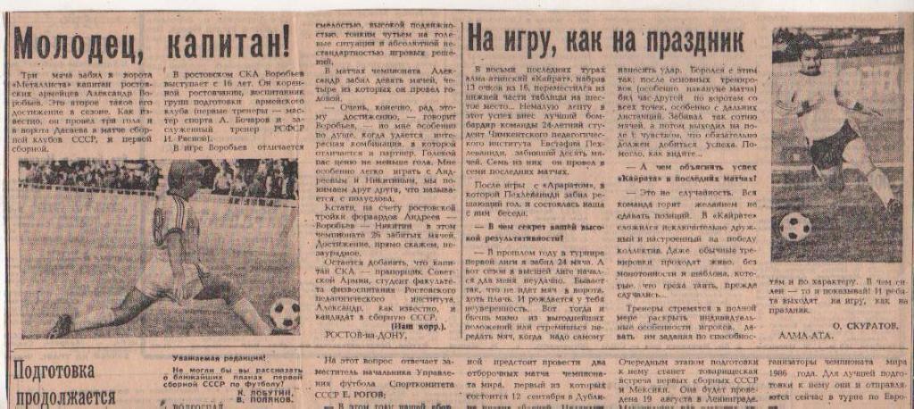 стать футбол №93 статьи о .А.Воробьев СКА Р/Д и Е.Пехлеваниди Кайрат 1984г.
