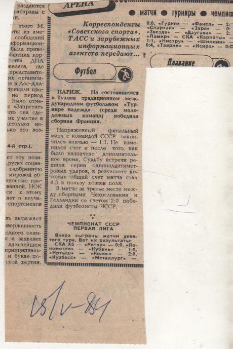 статьи футбол №196 отчет о матче сб. молод. Франция - сб. молод. СССР 1984г.