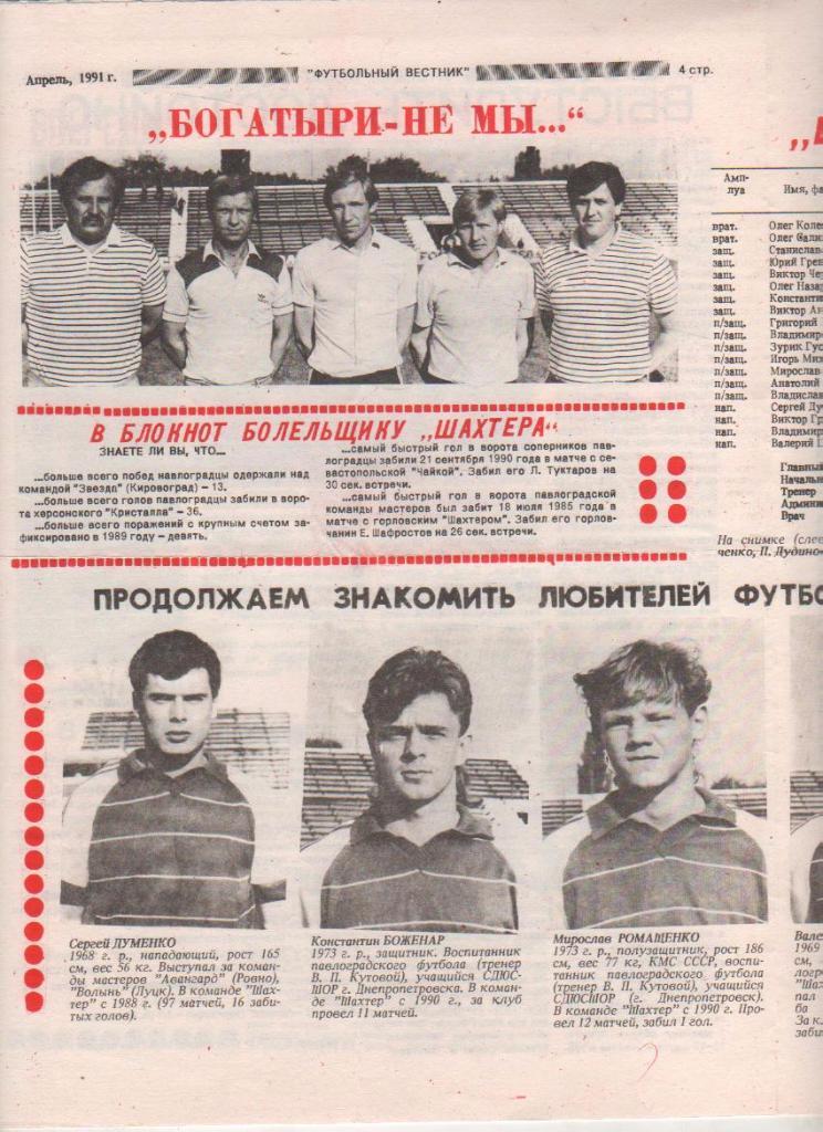 газета футбол Футбольный вестник г.Павлоград 1991г.№1 апрель 1