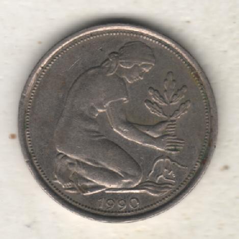 монеты 50 пфеннинг ФРГ 1990г. (не чищеная) не магнитится 1