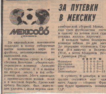 статьи футбол №352 отчет о матче сборная Болгария - сборная Люксембург 1984г.