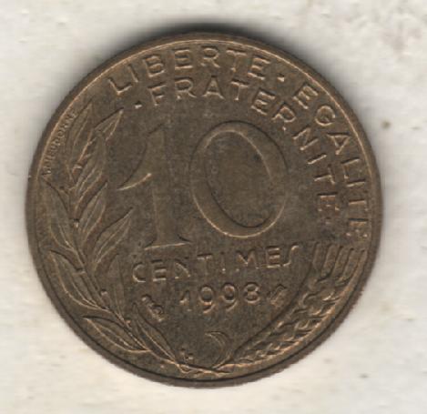 монеты 10 сентимо Франция 1998г. (не чищеная) не магнитится