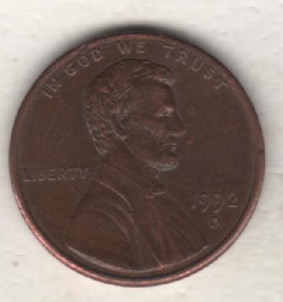 монеты 1 цент США 1992г. (не чищеная) не магнитится 1