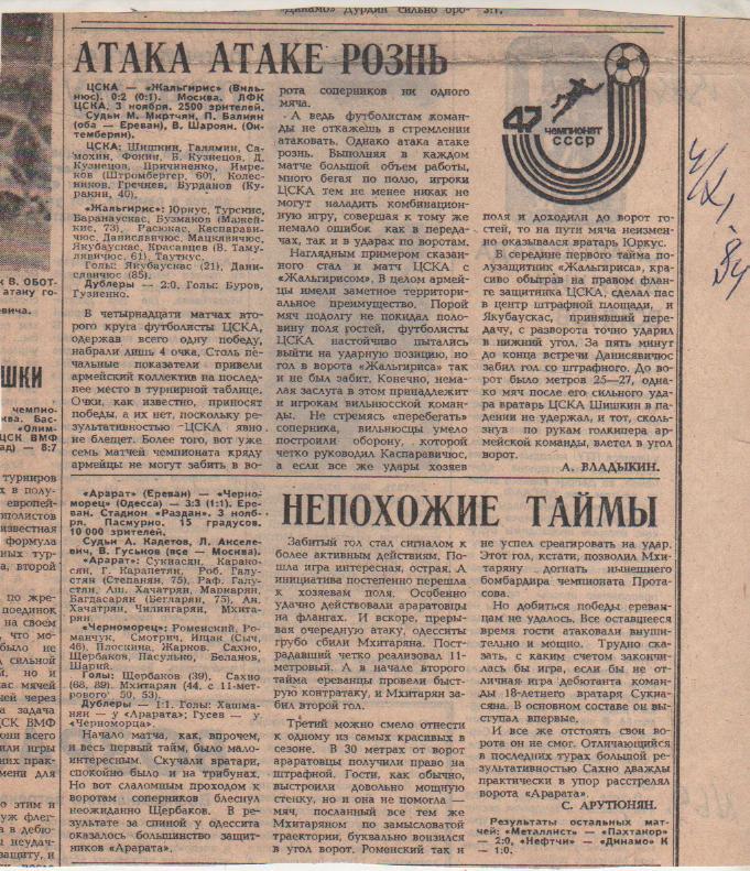 стать футбол №69 отчеты о матчах ЦСКА Москва - Жальгирис Вильнюс 1984г.