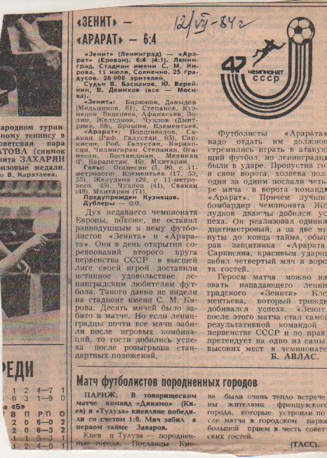 статьи футбол №93 отчет о матче Зенит Ленинград - Арарат Ереван 1984г.
