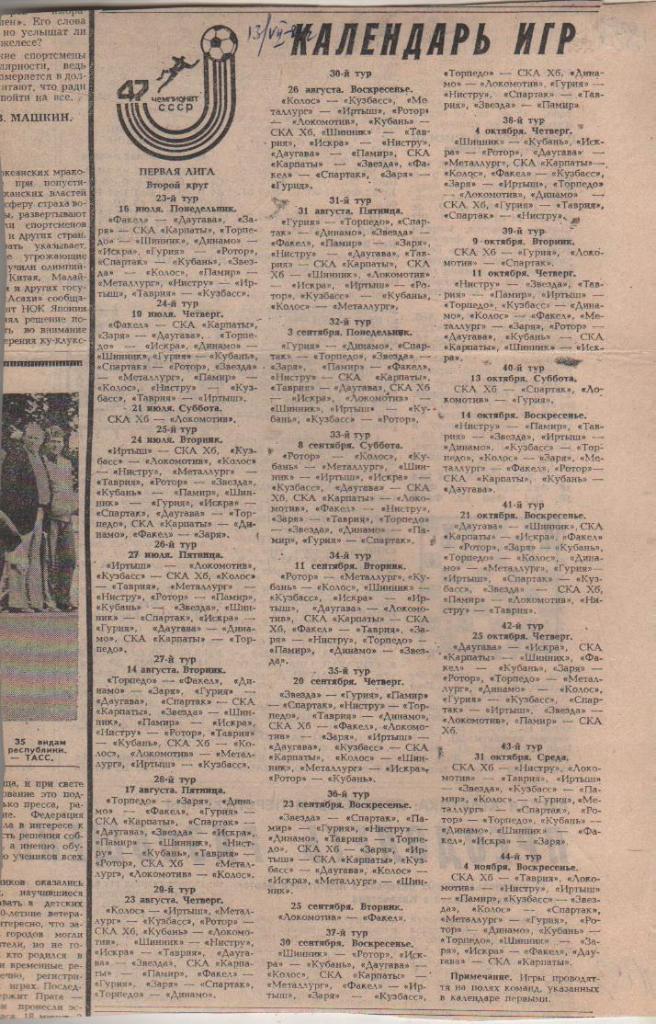 статьи футбол №193 календарь игр Второй круг Первая лига 1984г.