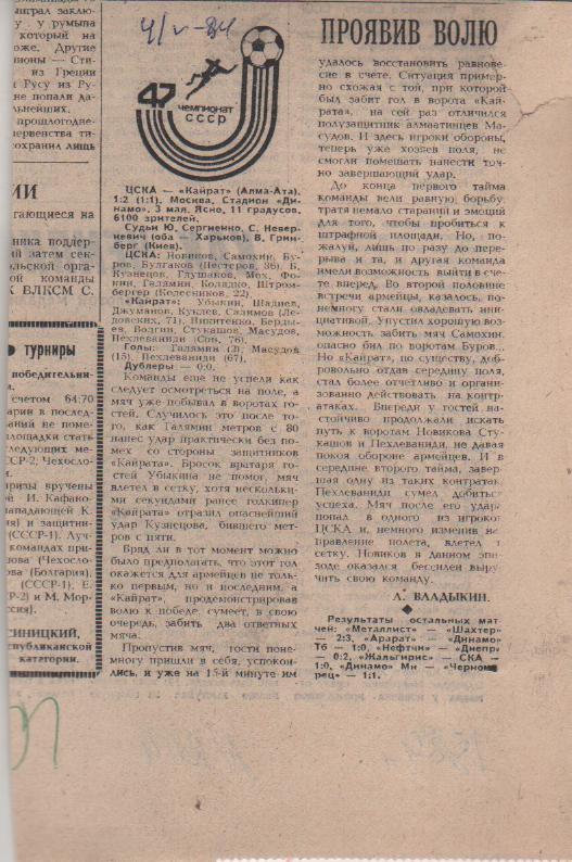 стать футбол №204 отчет о матче ЦСКА Москва - Кайрат Алма-Ата 1984г.