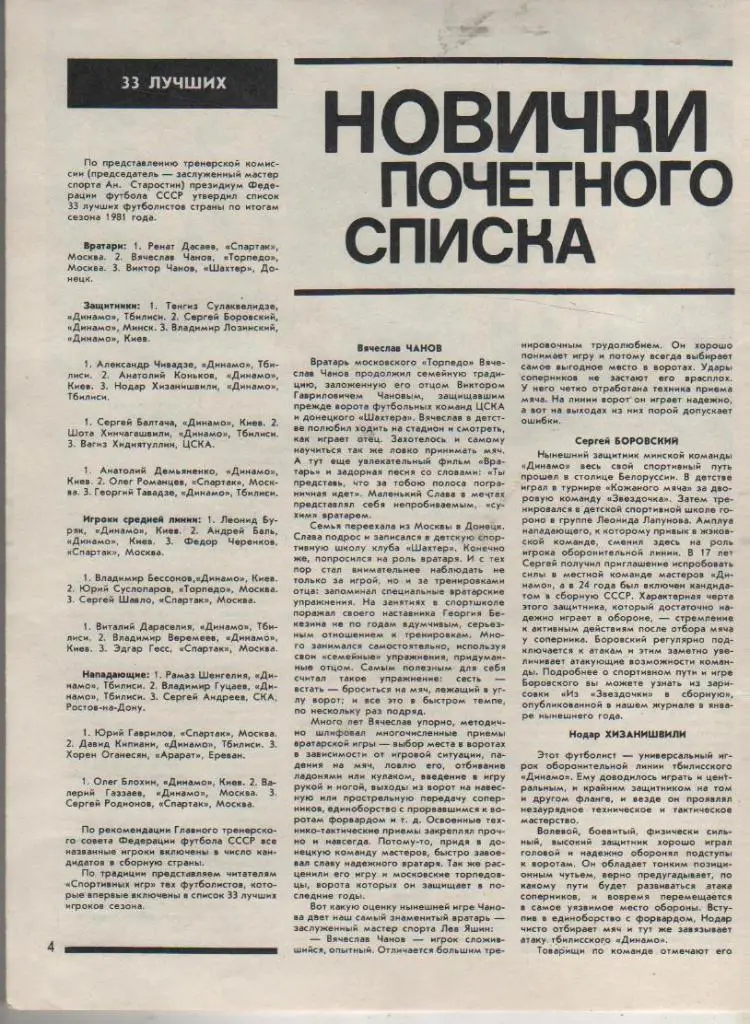 вырезки из журналов матч сб. СССР - сб. Чехословакия г.Тбилиси 33 лучших 1981г. 1
