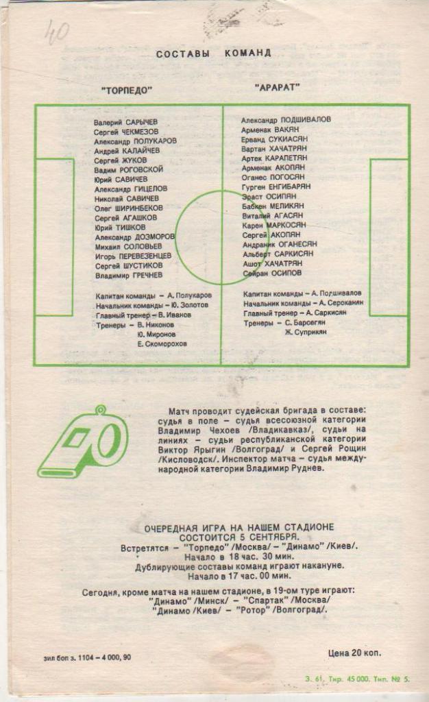 пр-ка футбол Торпедо Москва - Арарат Ереван 1990г. 1