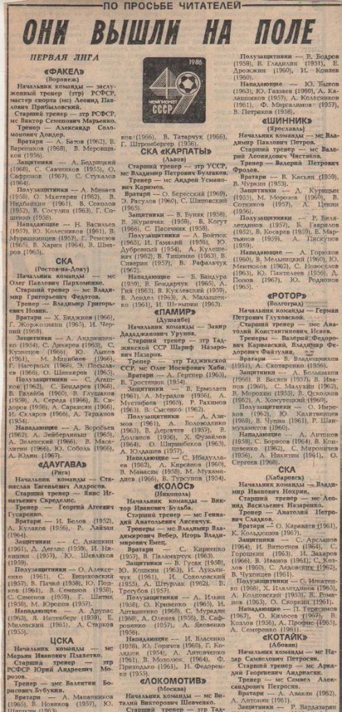 статьи футбол №354 составы команд Первая лига 1986г.