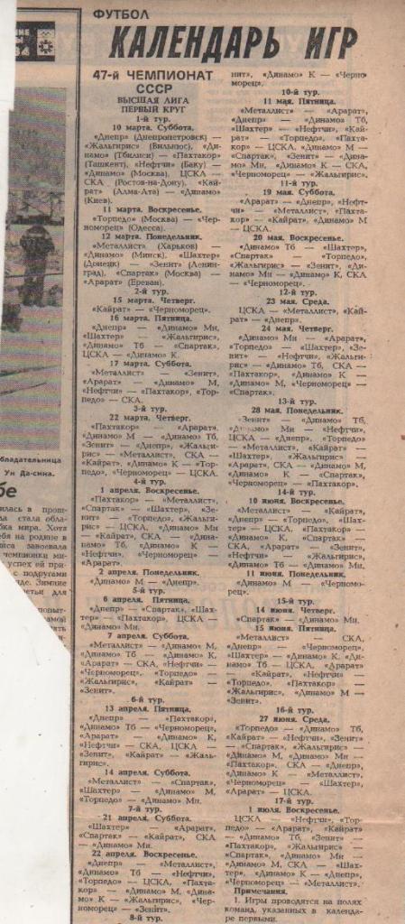 статьи футбол №362 календарь игр Высшая лига первый круг 1984г.