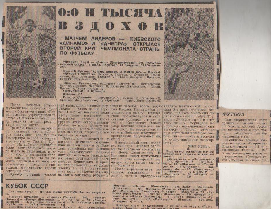 статьи футбол №309 отчет о матче Динамо Киев - Днепр Днепропетровск 1985г.