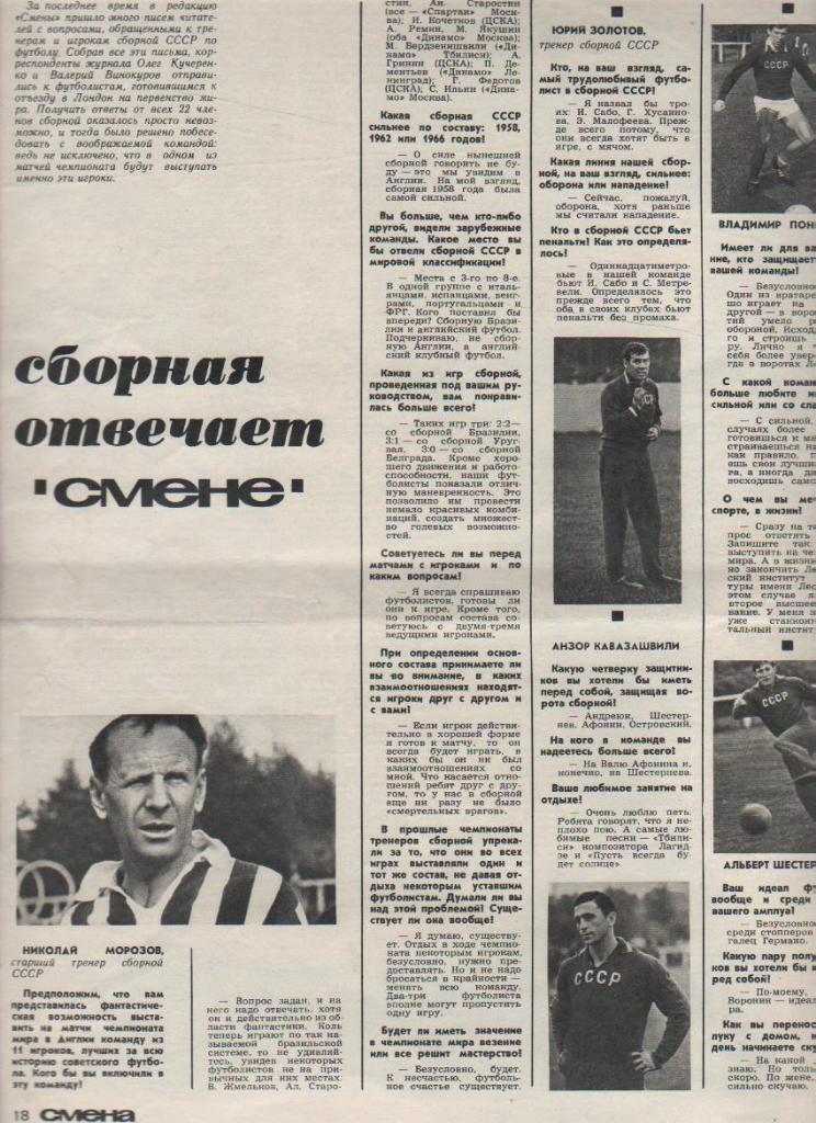 вырезки из журналов футбол сборная СССР на чемпионат мира в Англию 1966г. 1