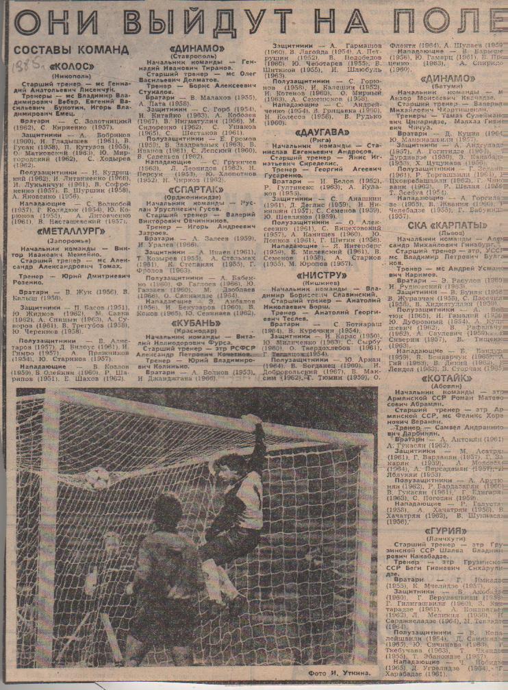 статьи футбол №389 список составы команд Первая лига 1985г.
