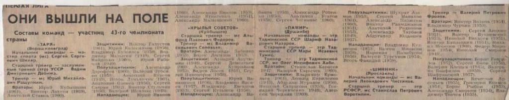 статьи футбол №399 список составы команд Первая лига 1980г.
