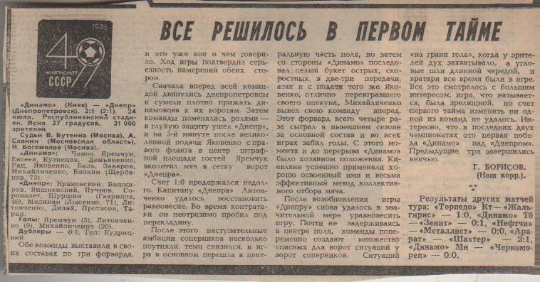 статьи футбол №15 отчет о матче Динамо Киев - Днепр Днепропетровск 1986г.