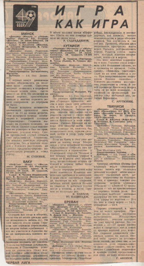 статьи футбол №20 отчеты о матчах Динамо Минск - Черноморец Одесса 1986г.
