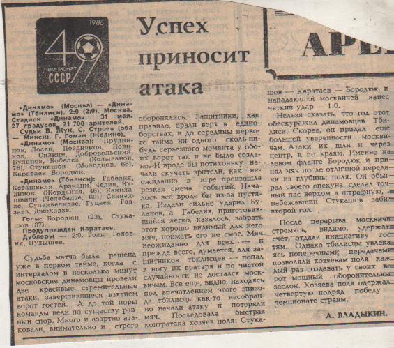 статьи футбол П-8 №125 отчет о матче Динамо Москва - Динамо Тбилиси 1986г.