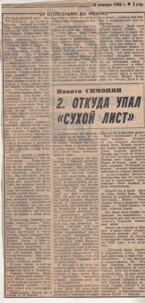 статьи футбол П8 №128 статья Откуда упал Сухой лист Н. Симонян 1986г.