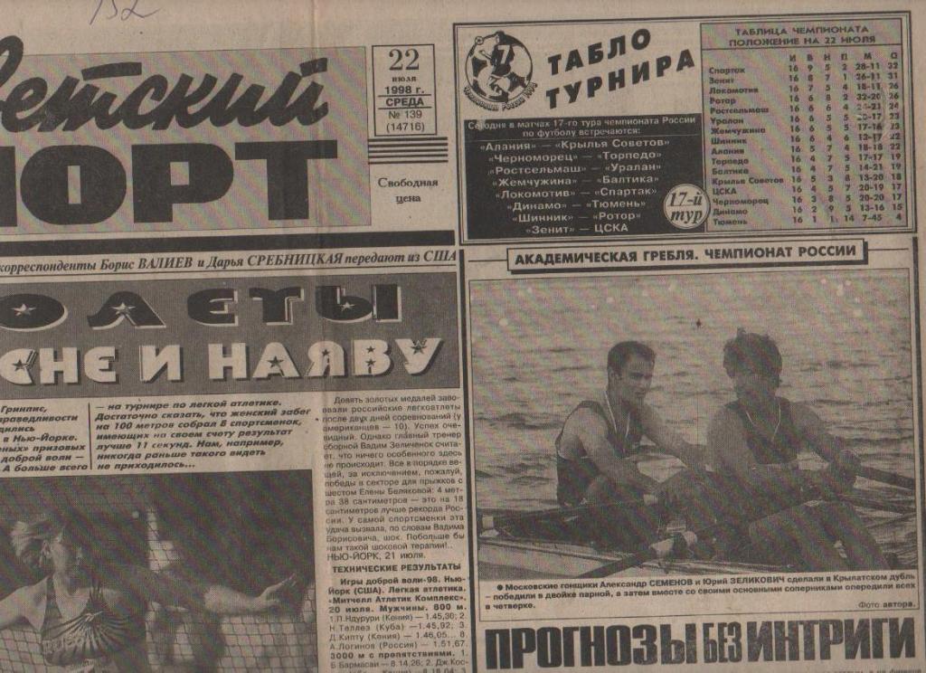 газета спорт Советский спорт г.Москва 1998г. №139 июль