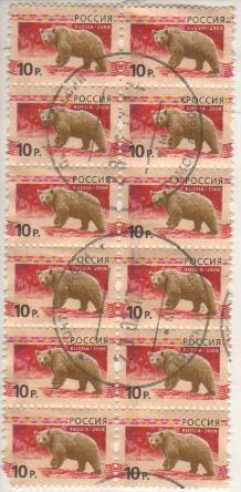 марки фауна медведь 10 рублей стандарт Россия 2008г. Б/У 12 марок сцепка