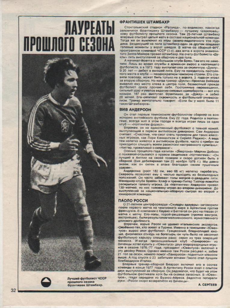 вырезки из журналов футбол лучший футболист ЧССР 1978г. Ф. Штамбахр 1979г.