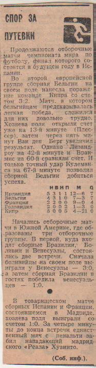 статьи футбол П8 №321 отчеты о матчах сборная Бельгия - сборная Кипр ОМ ЧМ 1981г