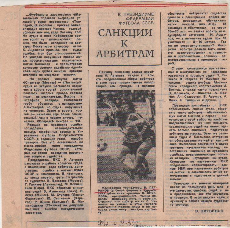 статьи футбол П8 №322 статья Санкции к арбитрам об ошибках судей 1983г.