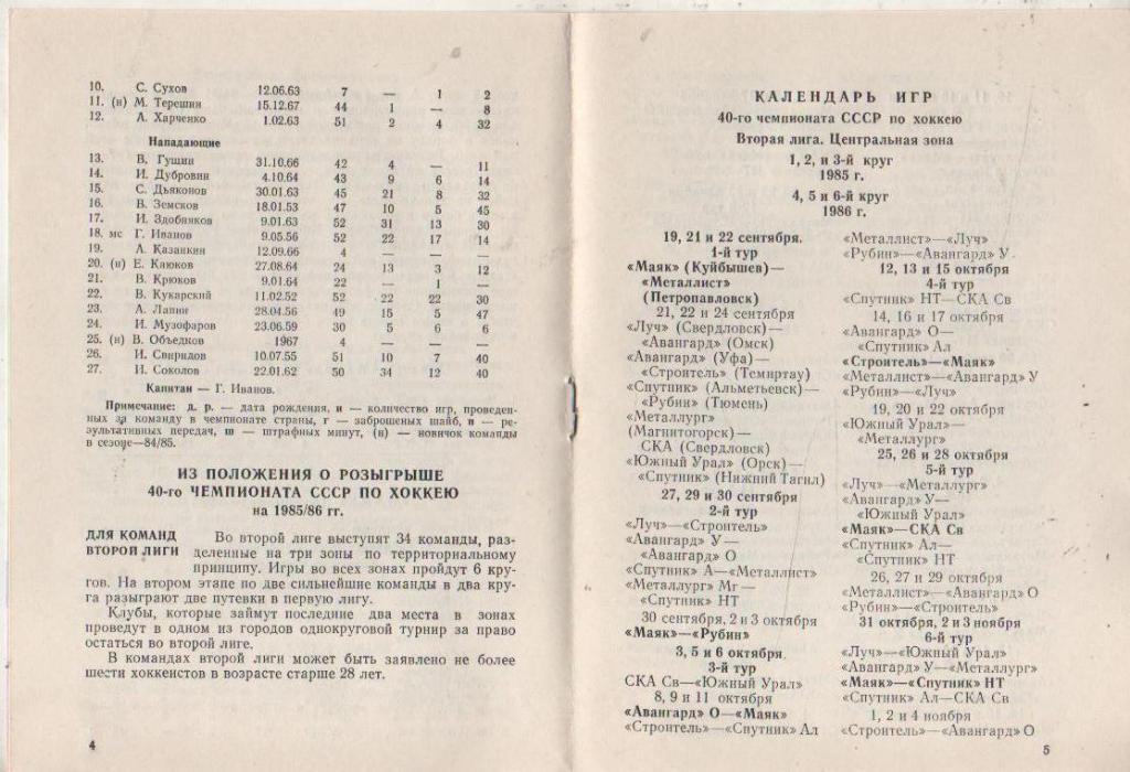 к/c хоккей с шайбой г.Куйбышев 1985г. вторая лига центральная зона 2