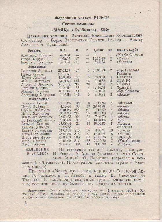 к/c хоккей с шайбой г.Куйбышев 1985г. вторая лига центральная зона 3