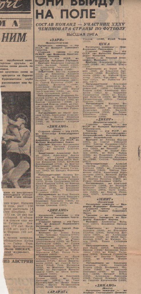 статьи футбол П8 №335 список составы команд Высшая лига 1973г.