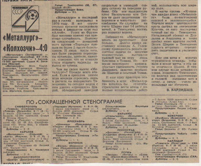 стат футбол П8 №379 отчеты о матчах Шинник Ярославль - Терек Грозный 1979г.