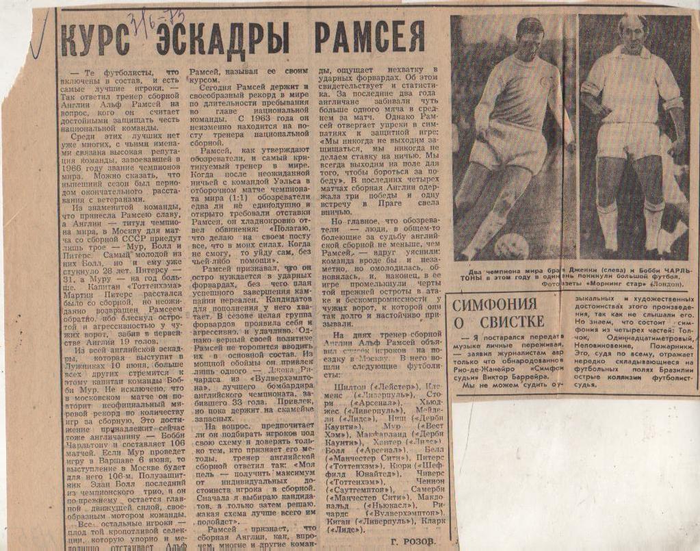 статьи футбол П9 №35 представление к матчу сб. СССР - сб. Англия МТВ 1973г.