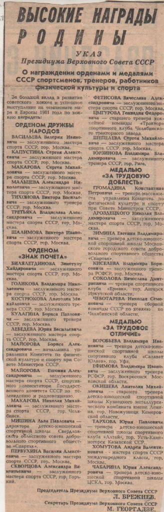 вырезки из газет хоккей с шайбой награды хоккеистам СССР - чемпионам мира 1981г.