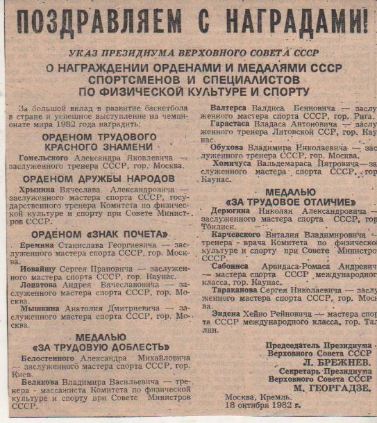 вырезки из газет баскетбол награды баскетболистам СССР и функционерам 1982г.