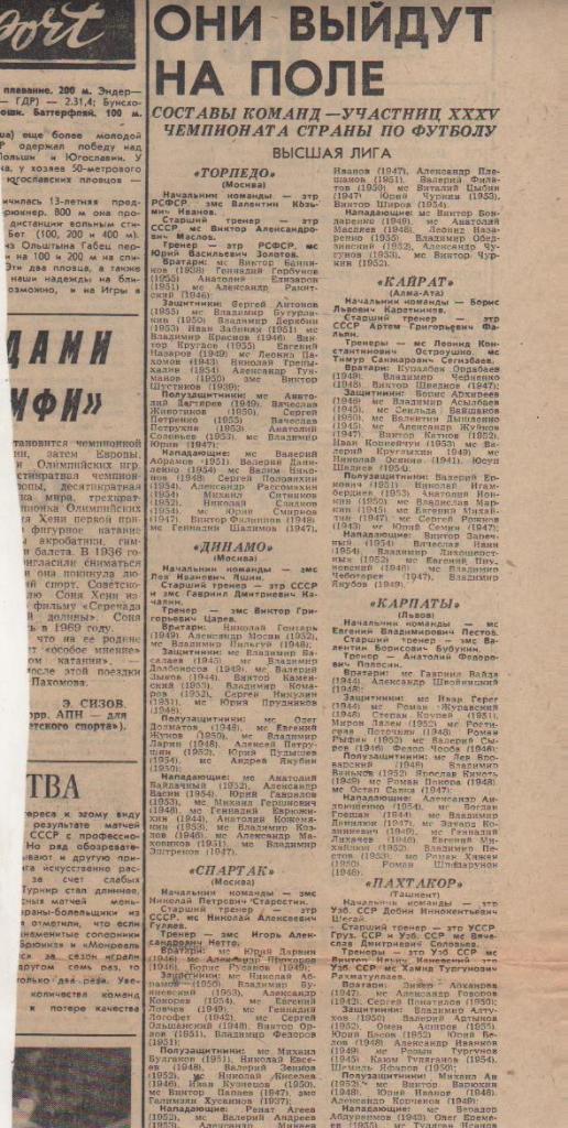 статьи футбол П9 №285 список составы команд Высшая лига 1973г.