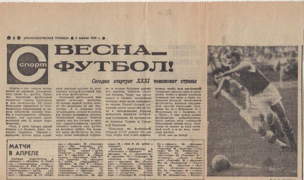 статьи футбол П10 №149 статья Сегодня стартует XXXI чемпионат страны 1969г.