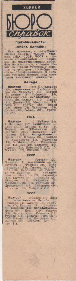 статьи х/ш П1 №60 составы полуфиналистов на Кубок Канады 1981г.