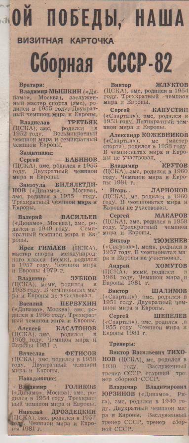 статьи х/ш П1 №86 состав сб. СССР на чемпионат мира по хоккею в Финляндия 1982г.