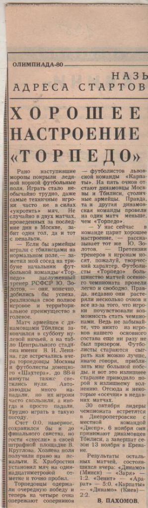 ста футбол П10 №373 отчет о матче Торпедо Москва - Шахтер Донецк 1980г.
