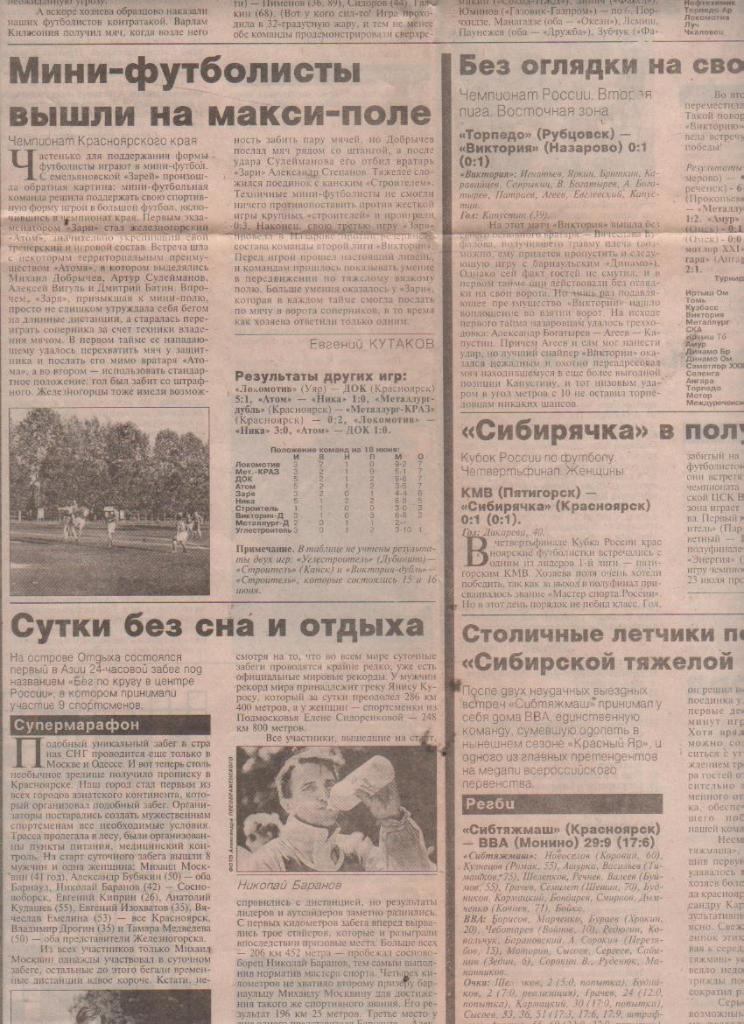 ст футбол П11 №98 отчет о матче Торпедо Рубцовск - Виктория Назарово 1996г.