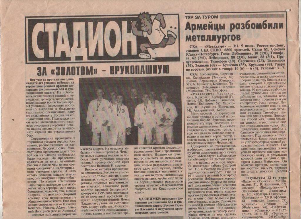 ст футбол П11 №119 отчет о матче СКА Ростов-на- -Металлург Красноярск 2002г.