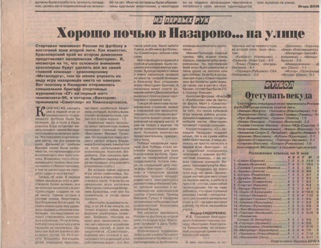 ст футбол П11 №126 отчет о матче Виктория Назарово - Самотлор Нижнева 1996г.