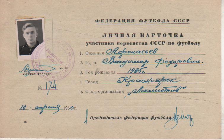 карточка личная футболиста Афанасьев В.Ф. 1935г. Локомотив Красноярск 1960г.