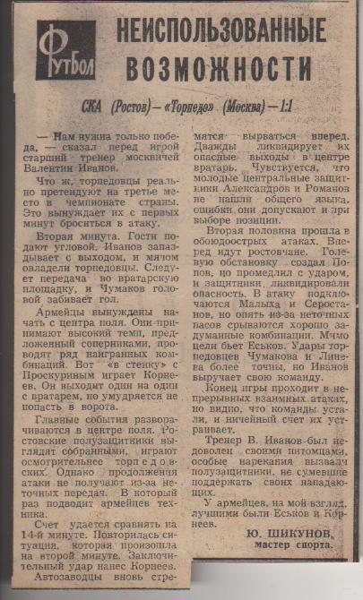 ста футбол П11 №173 отчет о матче СКА Ростов-на-Дону - Торпедо Москва 1969г.
