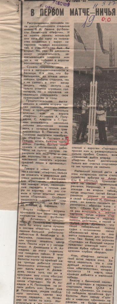 статьи футбол П11 №295 отчет о матче Нефтчи Баку - Торпедо Москва 1987г.