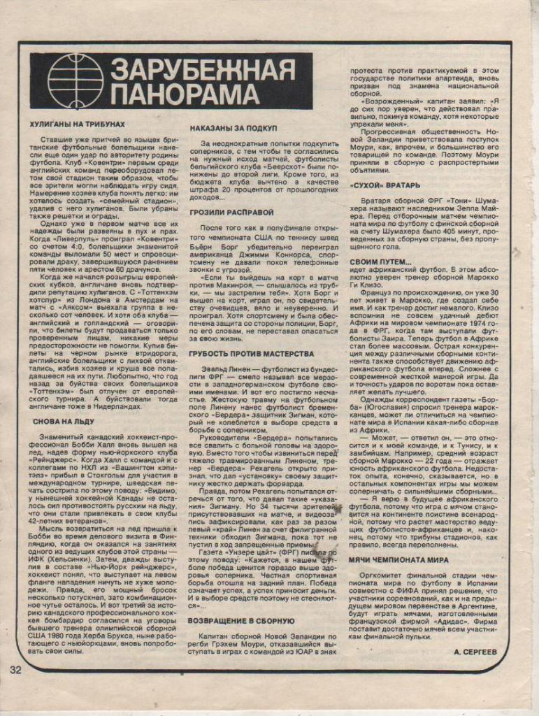 вырезки из журналов футбол Зарубежная панорама А. Сергеев 1981г.