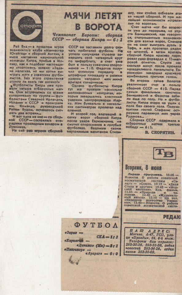 статьи футбол П11 №375 отчет о матче сб. СССР - сб. Кипр ОМ ЧЕ 1971г.