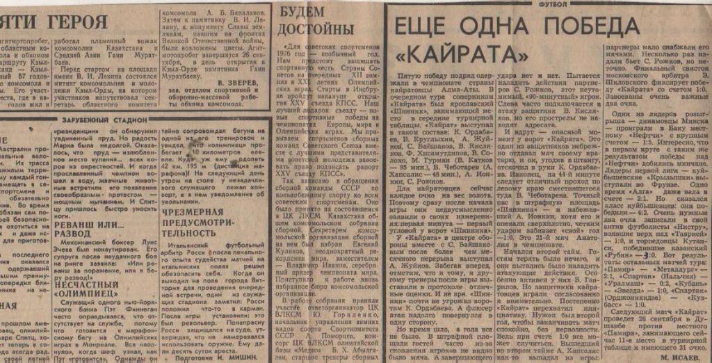 стат футбол П11 №379 отчет о матче Кайрат Алма-Ата - Шинник Ярославль 1975г.