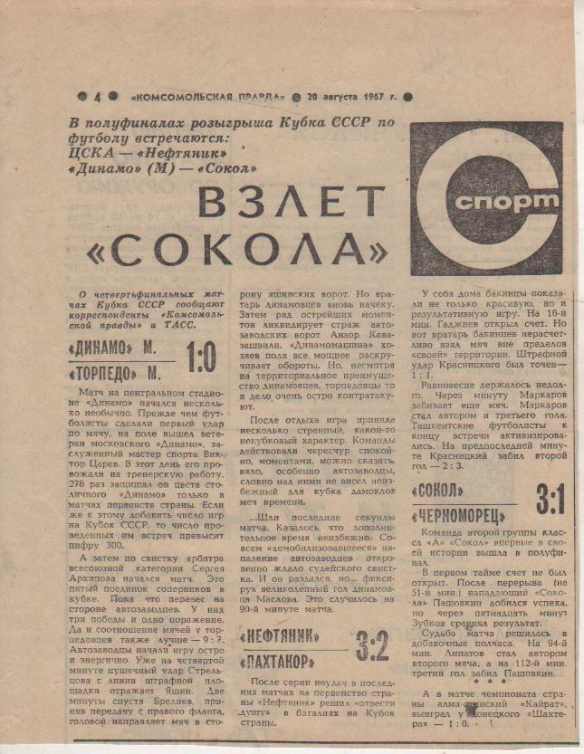 статьи футбол П11 №399 отчеты о матчах Динамо Москва - Торпедо Москва 1967г